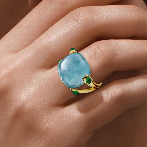 Art Deco Cushion Cut Cabochon Topaz Sapphire Golden Split Shank Ring (Size 7) - Picture 3 of 8